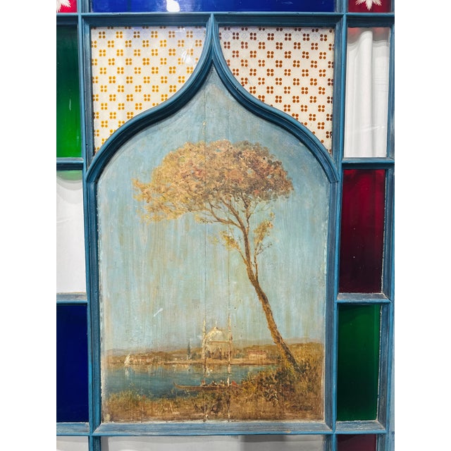 Mediterranean Antique Late 19th Century Blue Painted Moorish Style Stained Glass Door With Hand-Painted Landscape Panel For Sale - Image 3 of 15