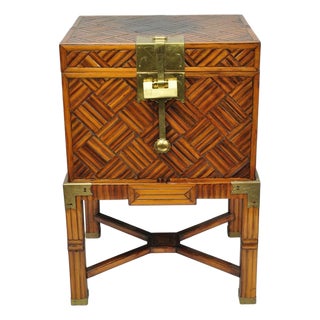 Late 20th Century Furniture Classics LTD Chinese Teak & Bamboo Campaign Chest Side Table on Stand For Sale