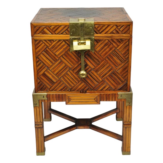 Late 20th Century Furniture Classics LTD Chinese Teak & Bamboo Campaign Chest Side Table on Stand For Sale