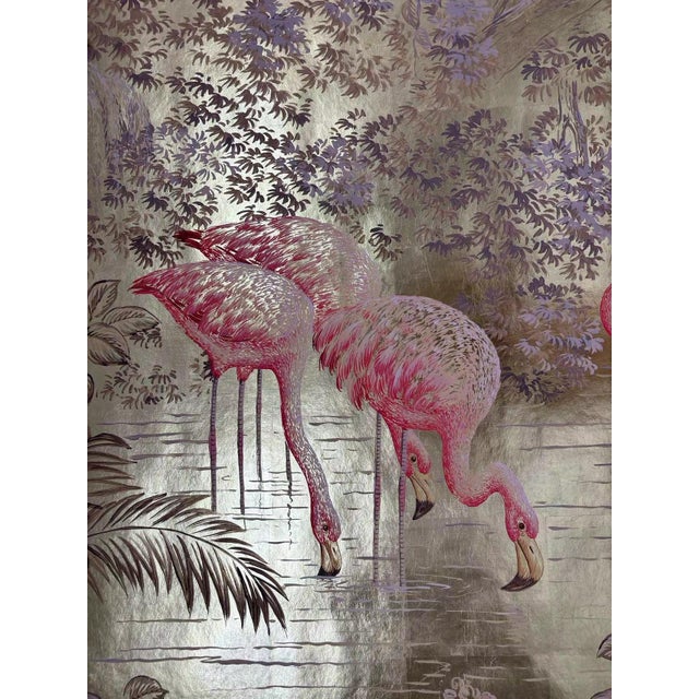 Chinoiserie Gold Leaf Hand‑Painted Chinoiserie Wall Panel, Tropical Jungle With Flamingos For Sale - Image 3 of 4