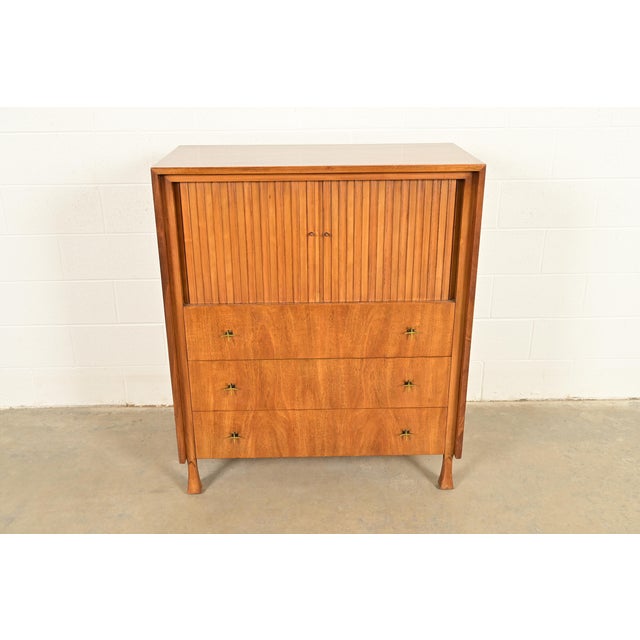 An exceptional Mid-Century Modern tambour door gentleman's chest or highboy dresser By John Widdicomb USA, Circa 1960s...
