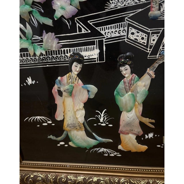 Asian Vintage Geisha Musicians Black & Deep Burgundy Lacquer Mother of Pearl Framed Wall Art For Sale - Image 3 of 4