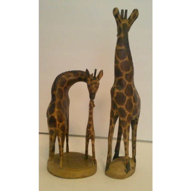 Wood Vintage Hand-Carved Wood Giraffes 12" Dad & 8" Mom/Calf African Safari Folk Art For Sale - Image 7 of 7