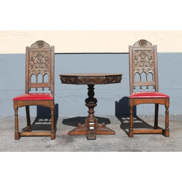 This Set is spectacular! c1910 3 piece carved rennaisance revival Tea Ensemble / Game Table. Notice the amazing carved oak...