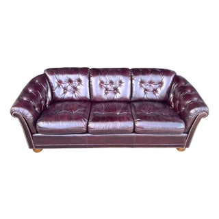 1980s Classic Oxblood Leather English Club Sofa With Tufted Back & Brass Trim For Sale