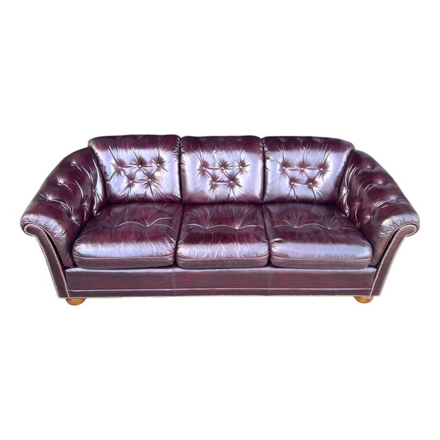 1980s Classic Oxblood Leather English Club Sofa With Tufted Back & Brass Trim For Sale
