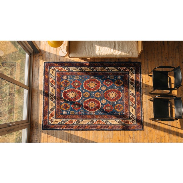Blue 1890s Royal Blue Geometric Antique Caucasus Kuba Rug 3'2" X 3'10" Handknotted Wool Carpet For Sale - Image 8 of 8