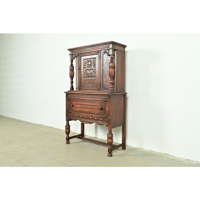 Victorian Berkey & Gay Style Antique English Jacobean Carved Oak Bar Cabinet, Circa 1920s For Sale - Image 3 of 16