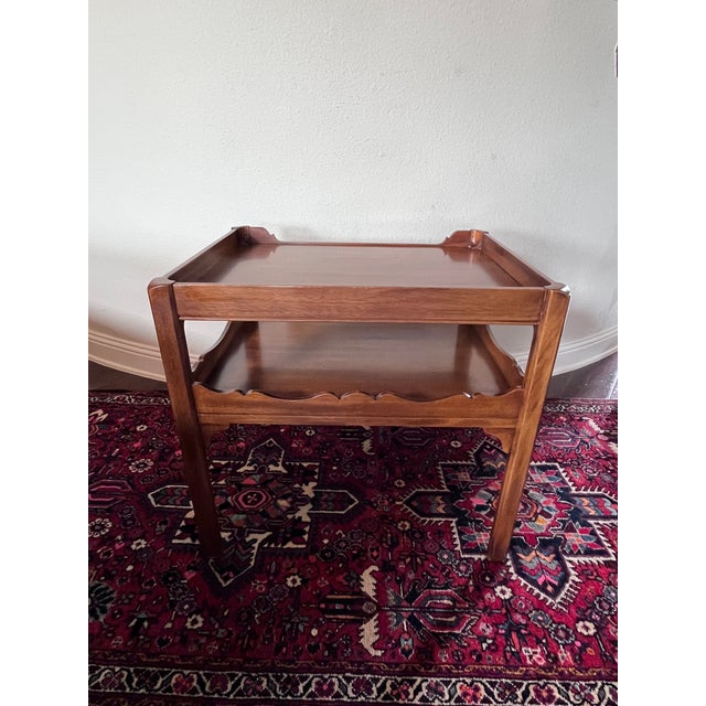 Vintage Georgian Style Two-Tier Mahogany Side Table 26” Height, Scalloped Apron Edge, Tea Table For Sale - Image 10 of 12