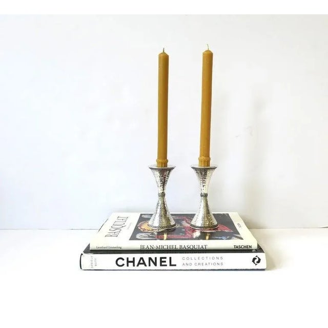Metal Sterling Silver Candlesticks with Hourglass Shape & Hammered Design - A Pair For Sale - Image 7 of 13