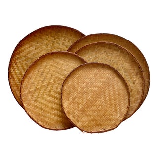 Vintage Earthy Wood Bamboo Trays - Set of Five For Sale