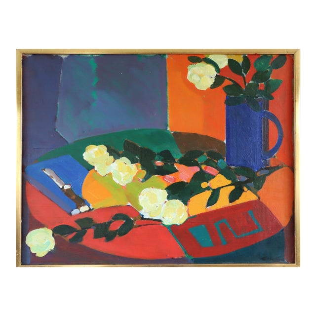 Mid-Century Modern 'White Roses' Vintage Original Swedish Still Life Oil Painting by Swedish Artist Eric Elfvén (1921–2008), Framed For Sale