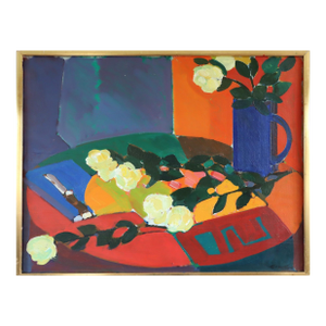 Mid-Century Modern 'White Roses' Vintage Original Swedish Still Life Oil Painting by Swedish Artist Eric Elfvén (1921–2008), Framed