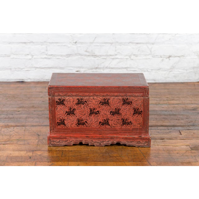 Chinese Late 19th Century Red Trunk with Black Hand-Painted Riders on Horses For Sale - Image 11 of 13