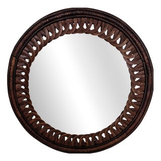 Vintage Italian Round Wood Wall Mirror, 1970s For Sale