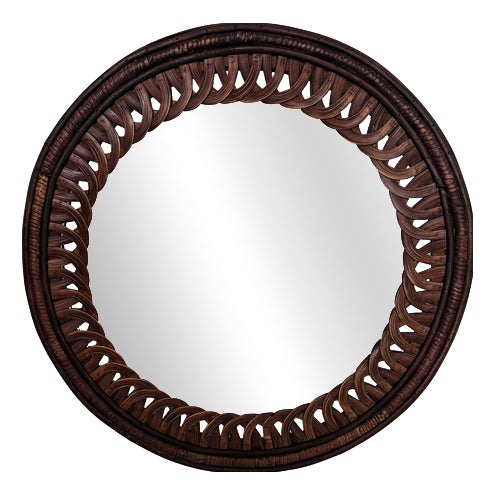 Vintage Italian Round Wood Wall Mirror, 1970s For Sale