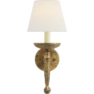 Chapman & Myers for Visual Comfort Signature Iron Torch Sconce in Gilded Iron with Linen Shade For Sale