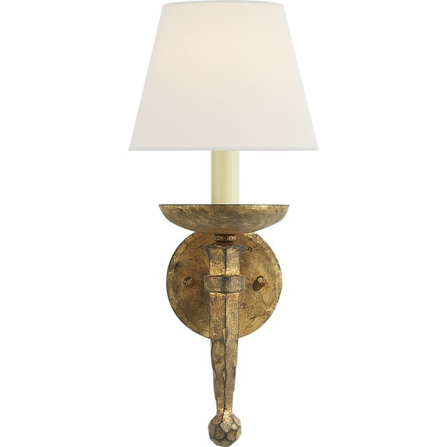 Chapman & Myers for Visual Comfort Signature Iron Torch Sconce in Gilded Iron with Linen Shade For Sale