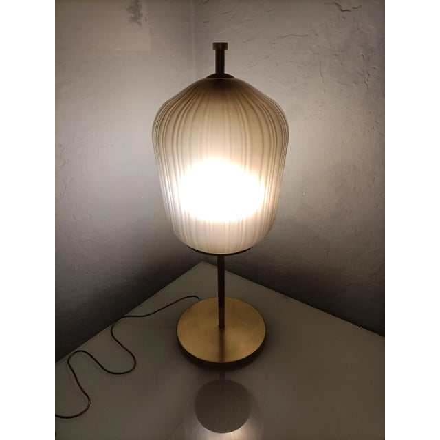 1980s Large Satin Brass & Ribbed Milky Glass Floor Lamp For Sale - Image 5 of 8