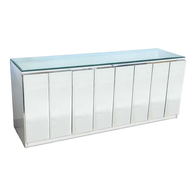 Vintage Ello Glass and Chrome Mirrored Credenza Cabinet For Sale