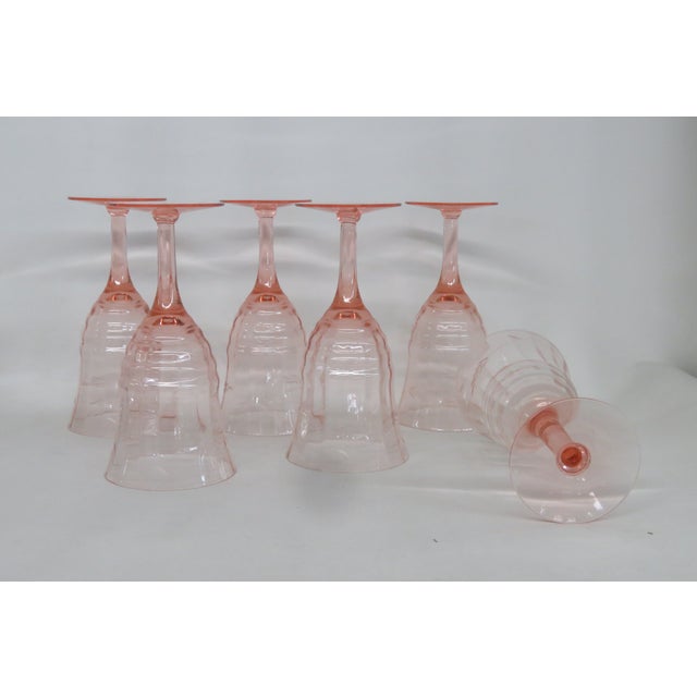 Art Deco Early 20th Century Pink Stem Depression Glass Ribbed Glassware Wine Water Drink Goblets 4752b - 6pc For Sale - Image 3 of 15