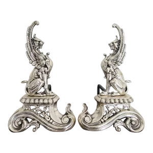 Italian Die-Cast Brass Andiron Set in Silver Antique Finish - a Pair