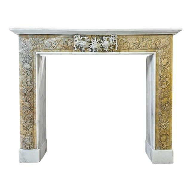 Antique Italian Carved Siena and White Marble Fireplace Mantel, 1850 For Sale