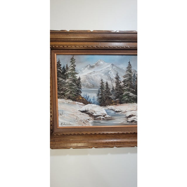 1980s Forest & Snow Capped Mountain, Vintage Oil Painting Melville 28" For Sale - Image 9 of 11