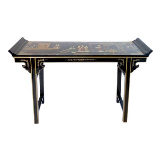 'Ladies in the Tea Pavillion' Altar / Console Table, Chinese Black Lacquer Hand Painted Console For Sale