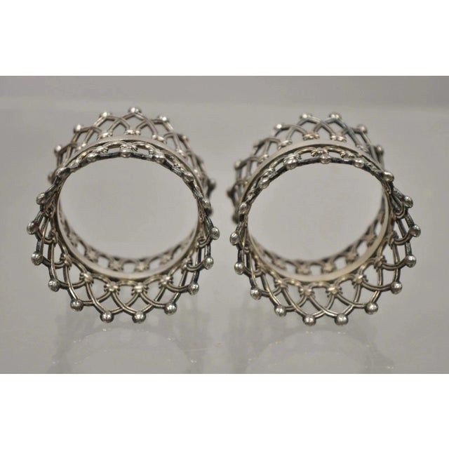 Metal Antique English Victorian Silver Plated Fretwork Crown Napkin Rings - A Pair For Sale - Image 7 of 8
