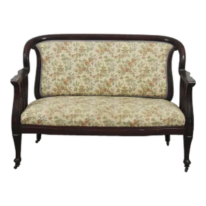 Victorian Mahogany Settee W Casters Chinoiserie Toile Fabric 19th Century