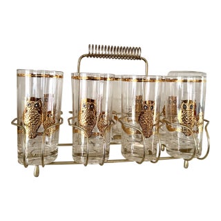 1950s Culver LTD Eight Owl Highball Barware W/Carrier & Tray For Sale