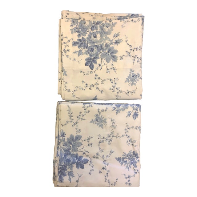 Vintage Late Century 20th 1970-1999 Laura Ashley Sophia Blue Floral Window Panels, Lined, Rod Pocket- a Pair For Sale