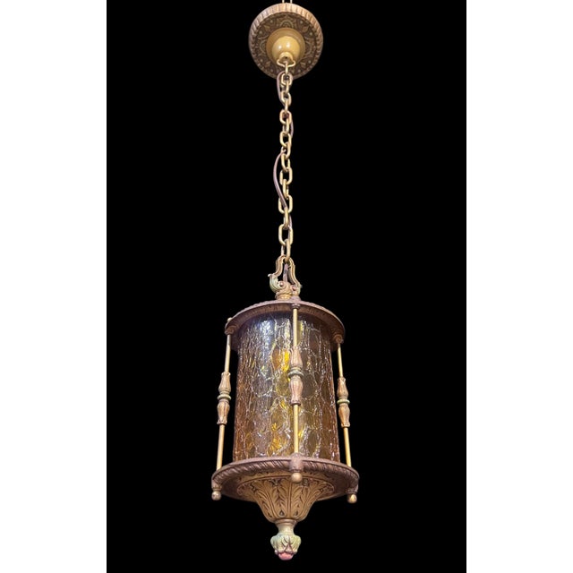 Metal 1920s Ornate Pendant Lamp With Amber Crackle Glass For Sale - Image 7 of 11
