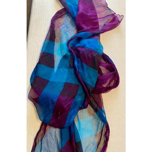 Contemporary Burberry Crinkle Silk Chiffon Scarf, Made in England, Turquoise & Purple, Lightweight Luxury For Sale - Image 3 of 9