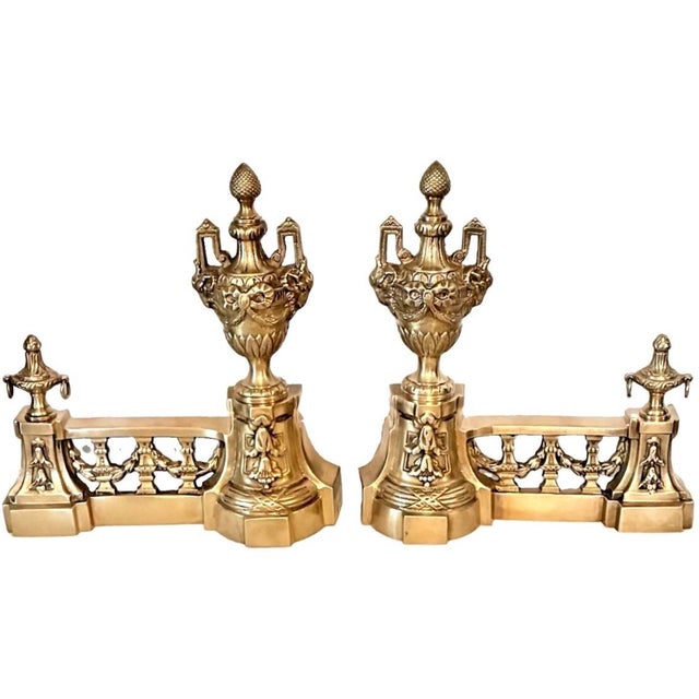 For your consideration are a pair of vintage Castilian brass fireplace andirons or chenets. Created with classic French...