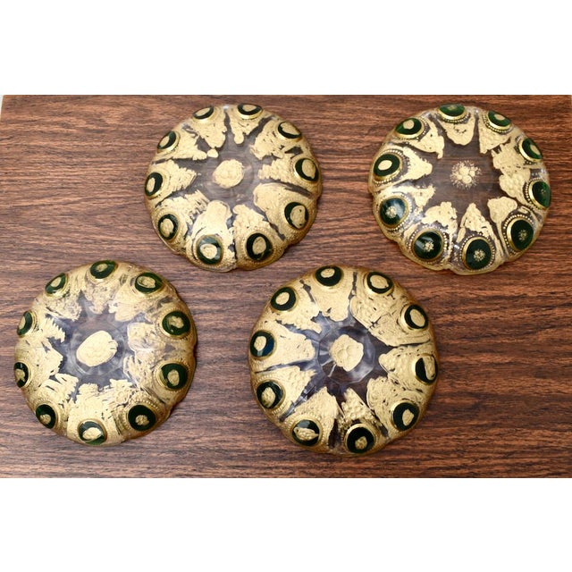 Emerald Vintage Set of Four Bohemian Moser Style Glass Small Plates in an Emerald & Gold For Sale - Image 8 of 13
