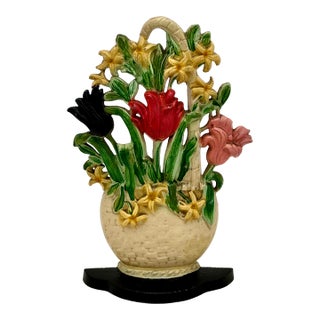 Hard to Find 1930s Hubley MFG Co. Tulips & Hyacinths Flower Basket Cast Iron Doorstop in Pristine Cond. For Sale