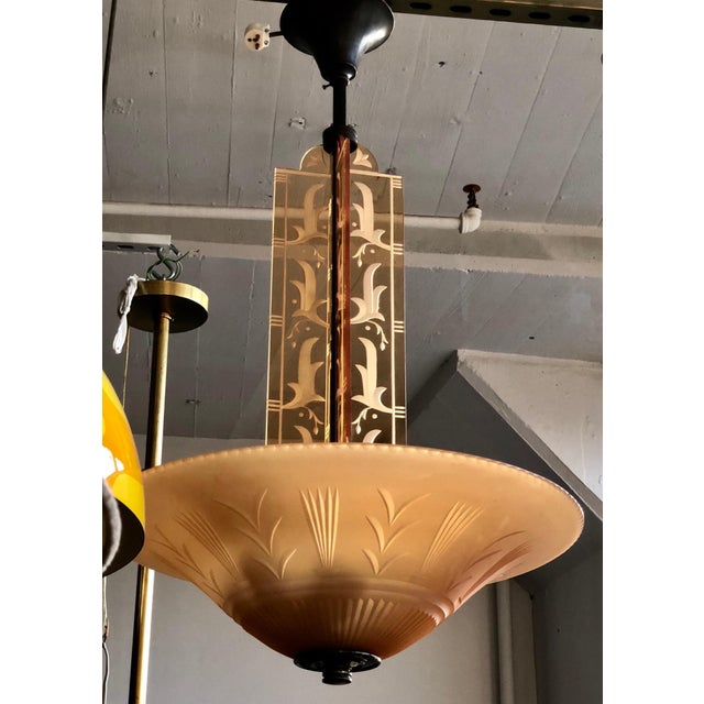 1930s Glass and Brass Chandelier by Edward Hald for Orrefors For Sale In New York - Image 6 of 7