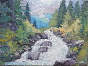 Sean Wu Original Oil Painting, the Rapids in the Mountains