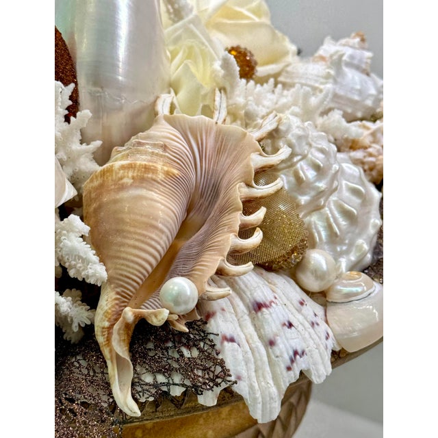 Gemstone Coastal Seashell Art Urn Centerpiece – Nautical Beach Cottage Decor, Shell Composition With Pearls. For Sale - Image 7 of 11