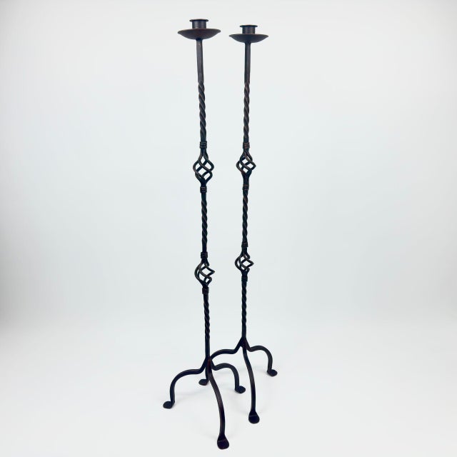 Hand Forged Iron Candelabra Pair (115cm) Antique Copper Expanded Open-Twist Stem For Sale - Image 6 of 7