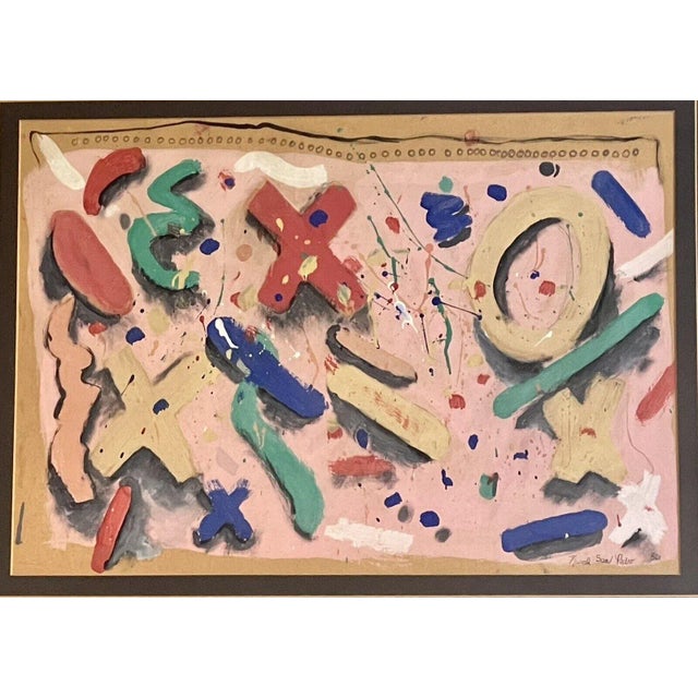 Fun & funky Retro New Wave era Graphic 2D 3D Geometric gouache painting signed lower right Marcel San Pedro and dated...