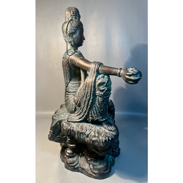 Asian 21" Buddha Sculpture Goddess Guan Yin Cold Cast Bronze Over Plaster For Sale - Image 3 of 7
