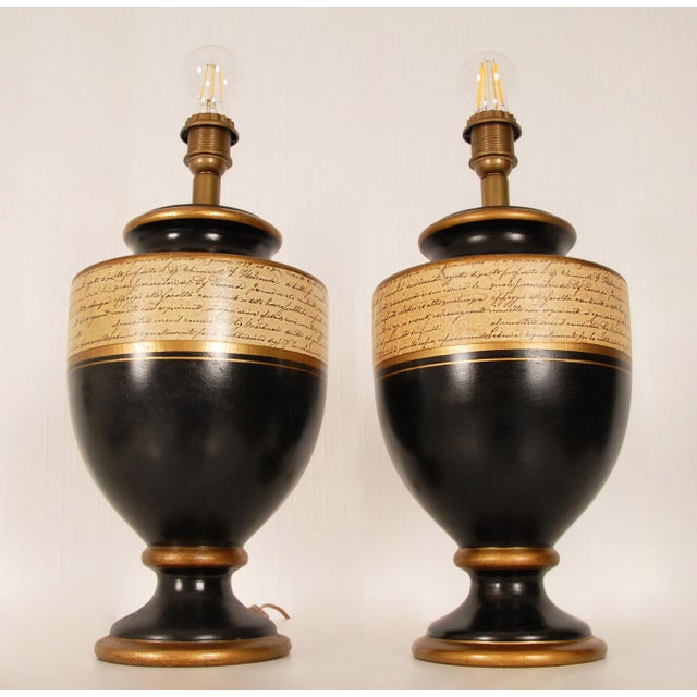 Ceramic Vintage French Lamps Ceramic Baluster Vase Lamps Black Gold Cream - A Pair For Sale - Image 7 of 10