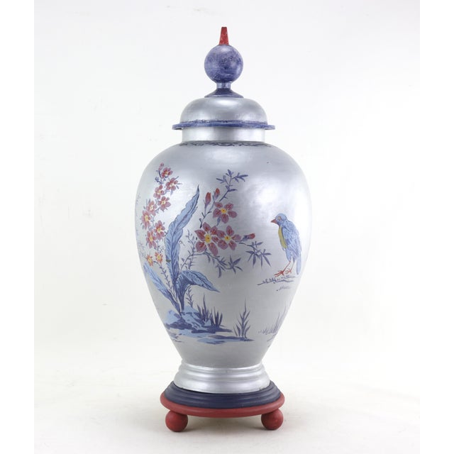 Late 20th Century Stunning Handcrafted Metal Shogun Jar Hand Painted Chinoiserie Bird and Flower Pattern For Sale - Image 5 of 11