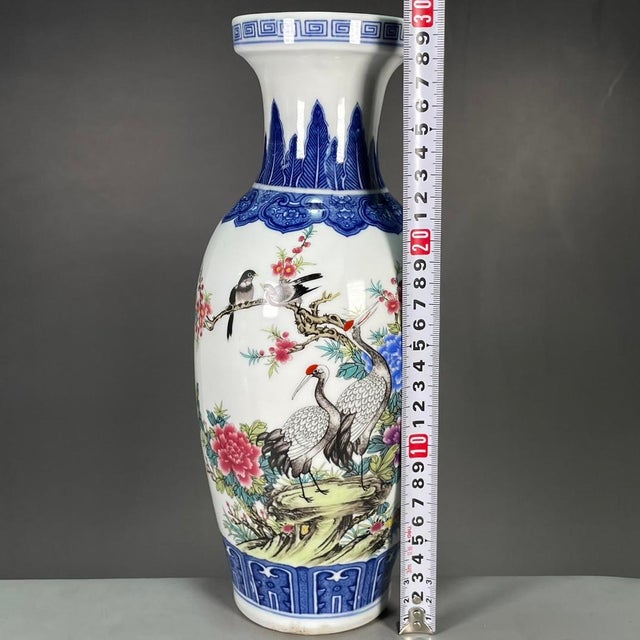 Ceramic Pair of Chinese Blue & White Famille Rose Porcelain Vases With Crane Motif For Sale - Image 7 of 9