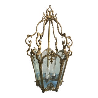 Late 19th Century French Gilt Bronze 4 Light, 6 Glass Panel, Hallway or Atrium Ceiling Chandelier For Sale
