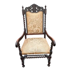 English Jacobean Hand Carved Barley Twist Upholstered Armchair, Circa 1800s
