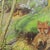 The vintage wall chart shows the appearance of a fox mother with a loot rabbit for its three fox cubs in the foxhole....